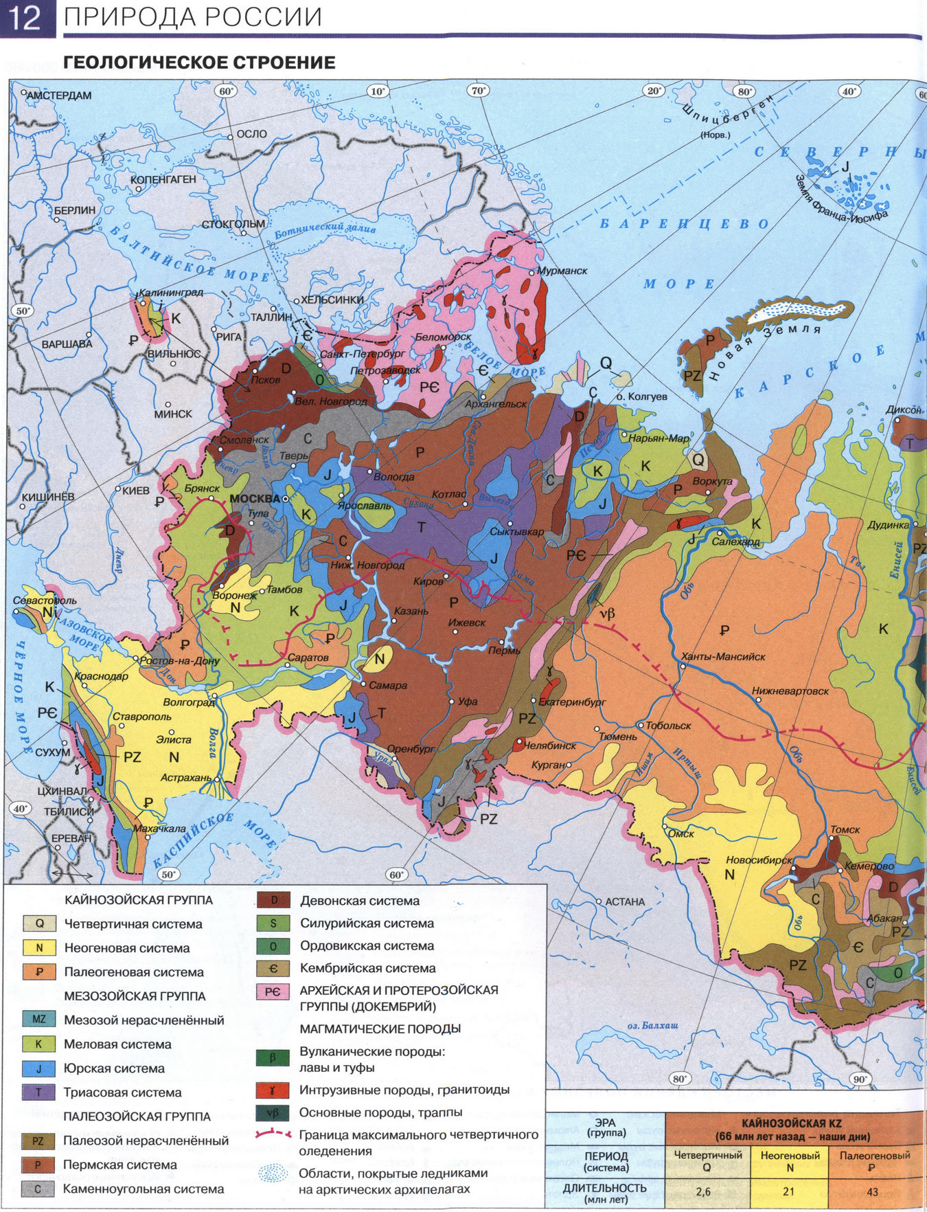 Геологическое строение территории России - карта из атласа по географии для 8 класса - западная часть