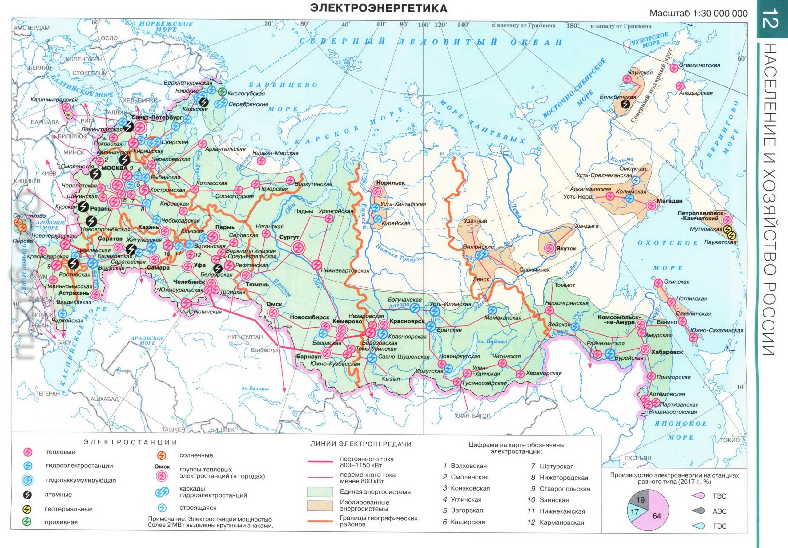 Электроэнергетика России - карта из атласа по географии для 9 класса, издательство "Дрофа"