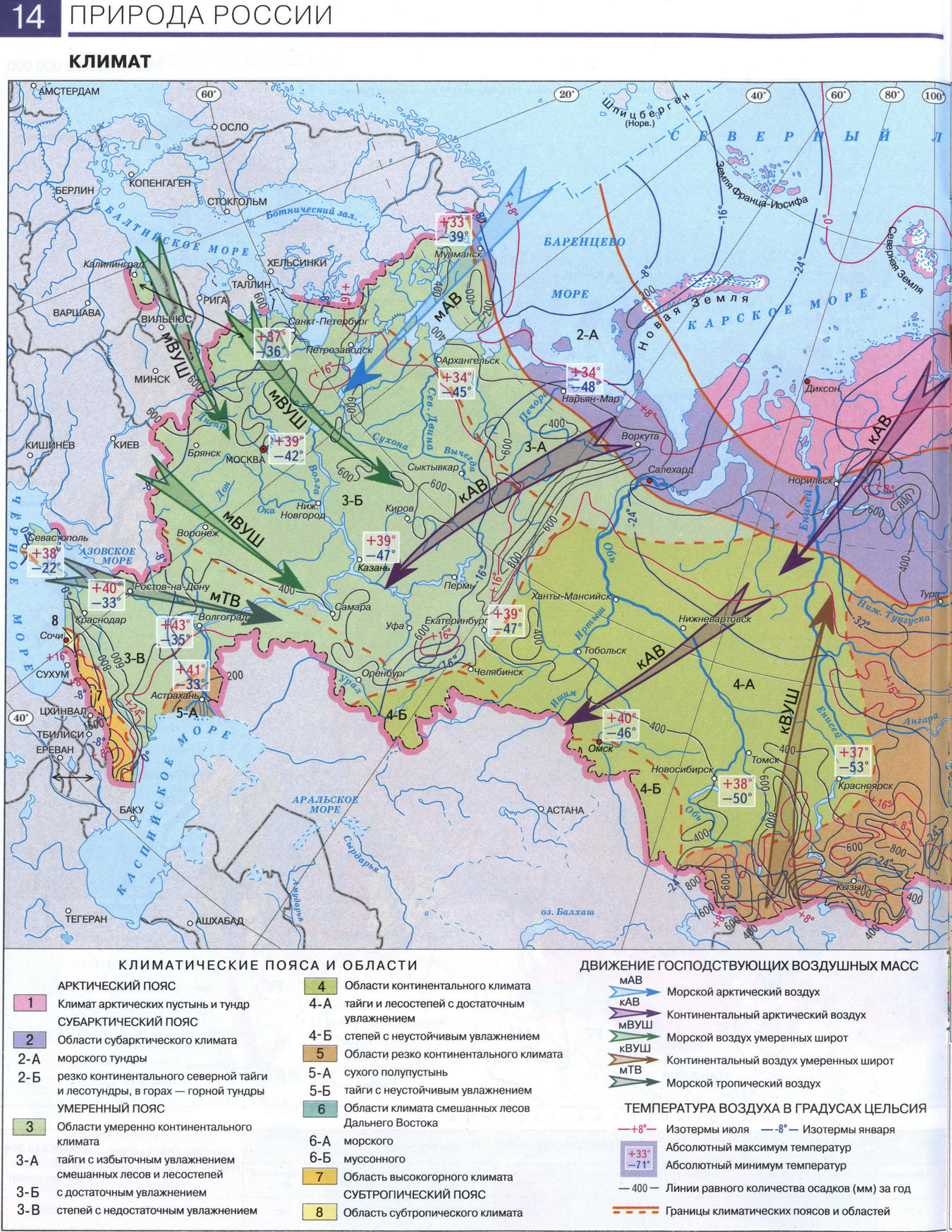 Климатическая карта России - карта из атласа по географии для 8 класса - западная часть России