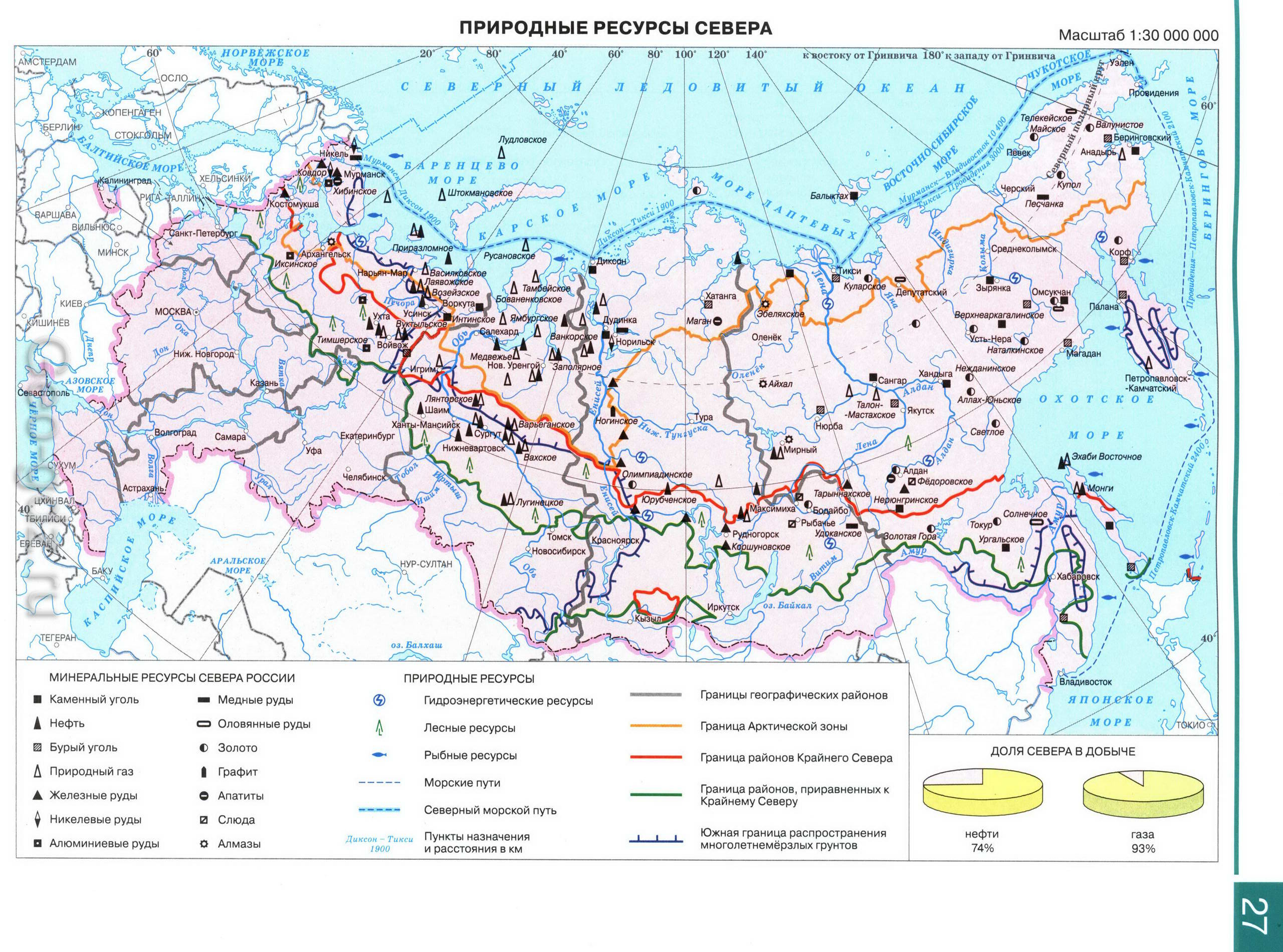 Природные ресурсы Севера - карта из атласа по географии для 9 класса, издательство "Дрофа"