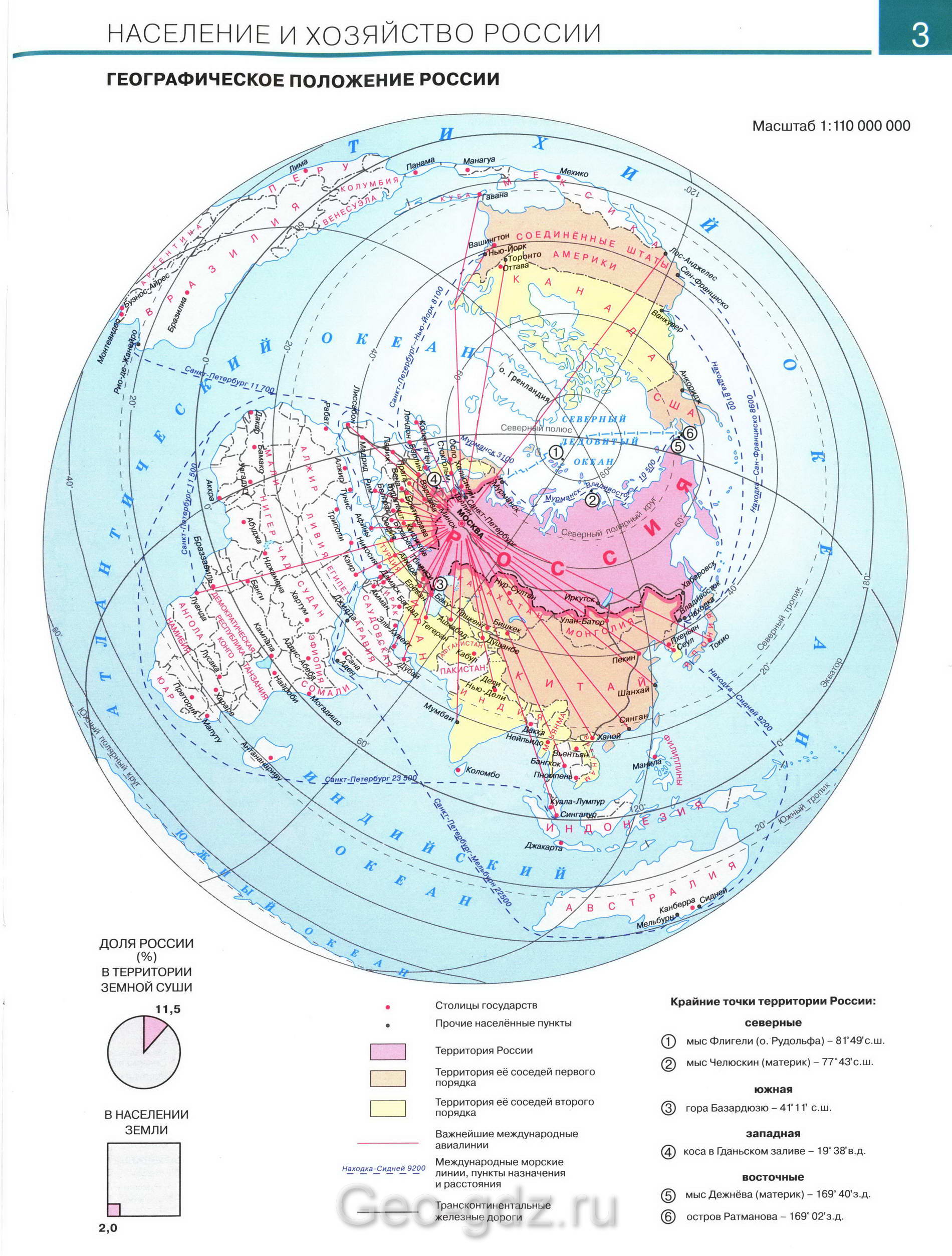 Географическое положение России - карта из атласа по географии для 9 класса, издательство "Дрофа"