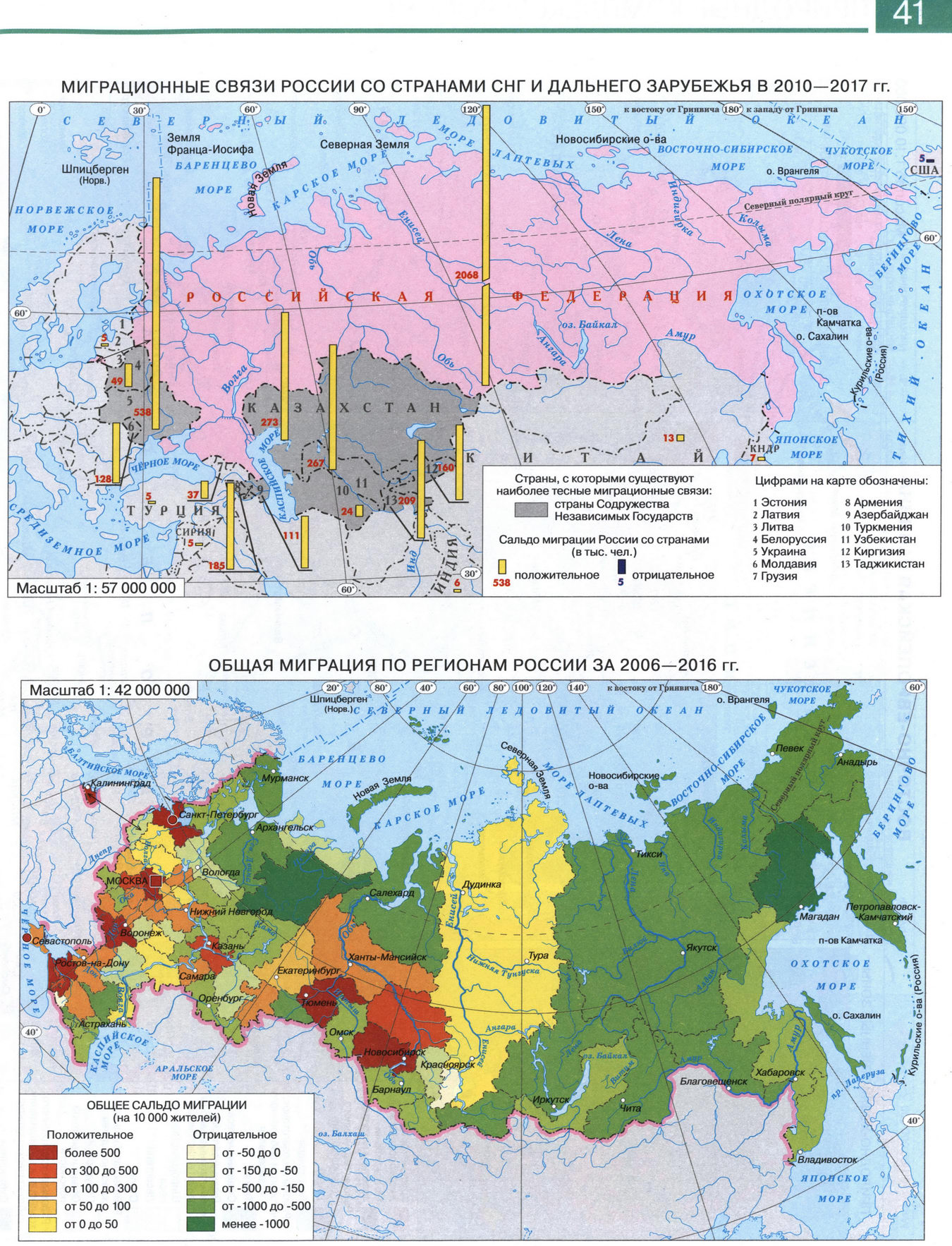 Миграционные связи России - карта из атласа по географии для 8 класса