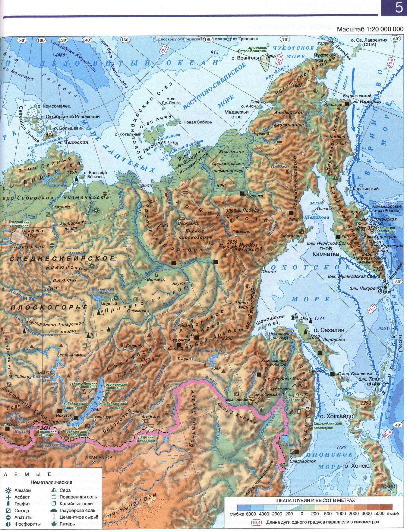 Физическая карта России из атласа по географии для 8 класса - восточная часть