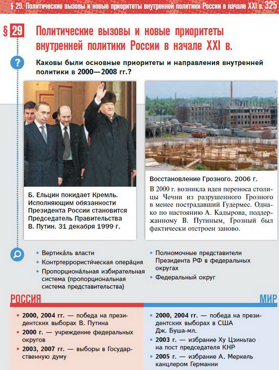 Параграф 29 "Политические вызовы и новые приоритеты внутренней политики России в начале 21 века" - учебник "История России" для 11 класса Мединский, Торкунов стр 325