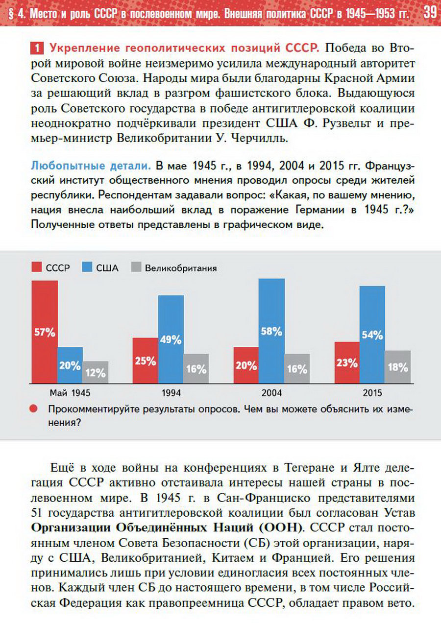 §4 "Место и роль СССР в послевоенном мире" учебник "История России 1945 год - начало 21 века" для 11 класса Мединский, Торкунов читать онлайн бесплатно стр 39